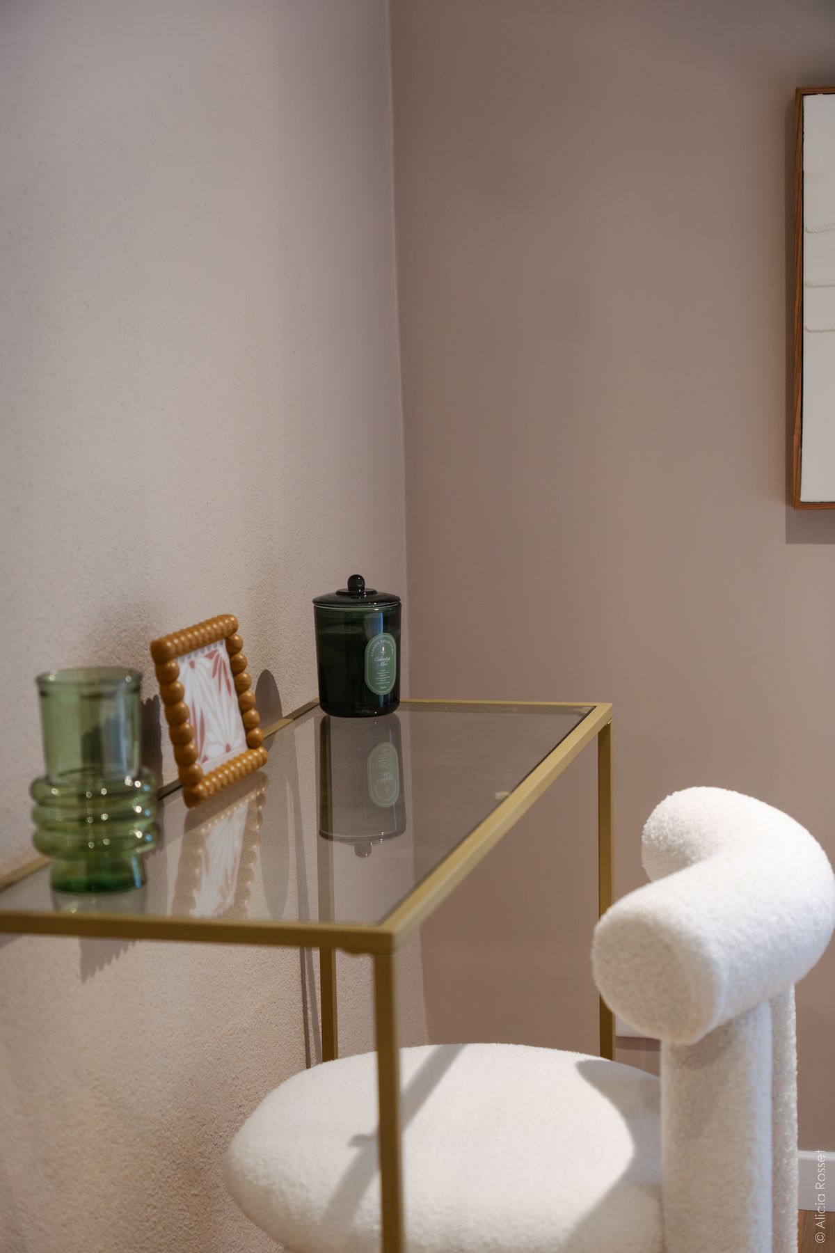 Bedroom corner — gold console & boucle chair